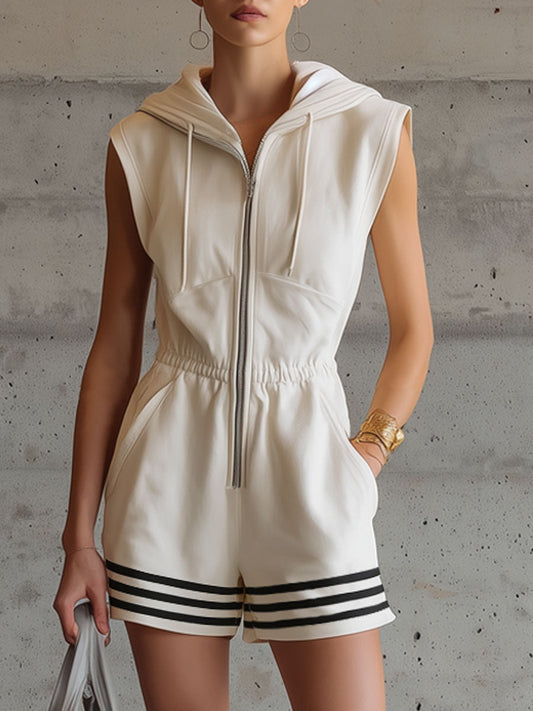 BXL Sporty Retro Cotton Jumpsuit Sleeveless Hooded Misty White
