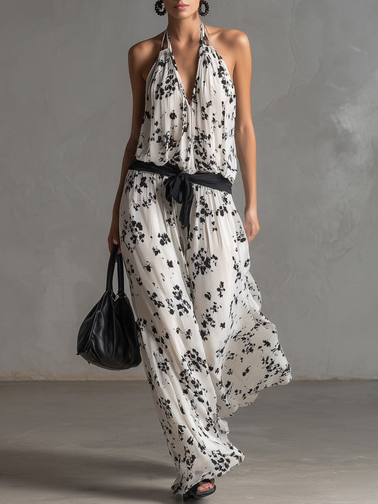 Elegant White Floral Print Chiffon Sleeveless Wide Leg Jumpsuit