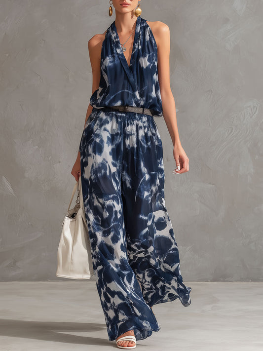 Retro Art Tie-Dye Chiffon Sleeveless Shirt and Wide-Leg Pants Set