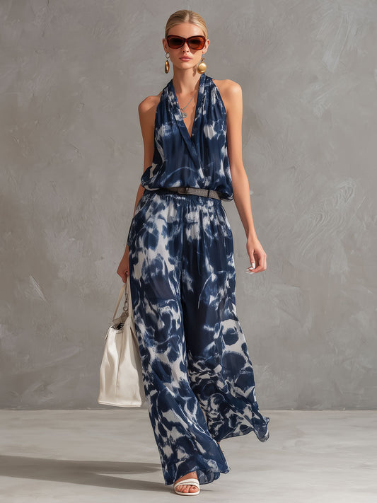 Retro Art Tie-Dye Chiffon Sleeveless Shirt and Wide-Leg Pants Set