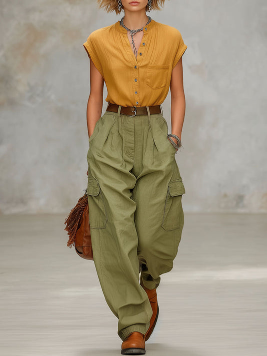 Vintage Style Cotton Linen Short Sleeve Shirt and Utility Trouser Set