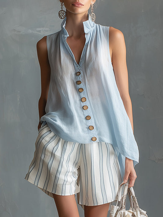 Light Blue Cotton Linen Sleeveless Shirt and Striped Shorts Set