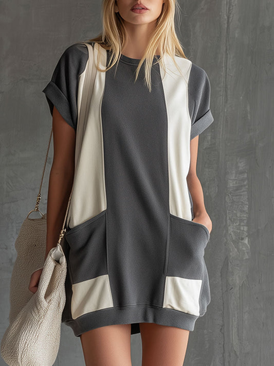XWC Casual Retro Color-Blocked Cotton Mini Dress Gray White