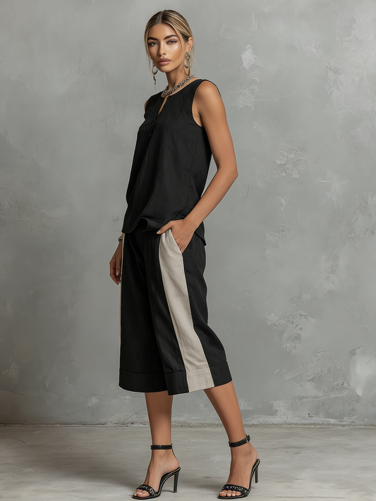 Retro Sleeveless Round Neck Top and Color-Blocked Capri Pants Set