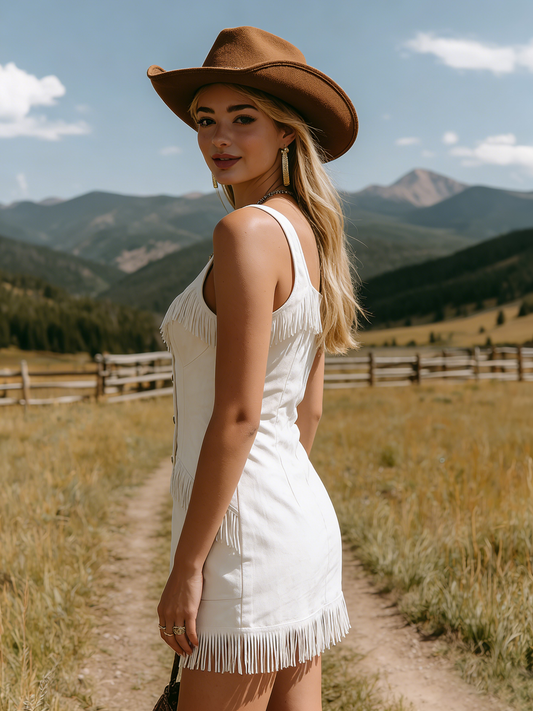 Bohemian V-Neck Sleeveless Faux Suede Mini Dress With Tassel