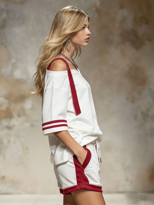 Retro Color-Blocked Off-Shoulder T-Shirt and Shorts Set