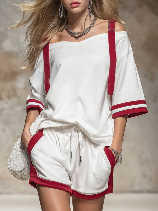 Retro Color-Blocked Off-Shoulder T-Shirt and Shorts Set