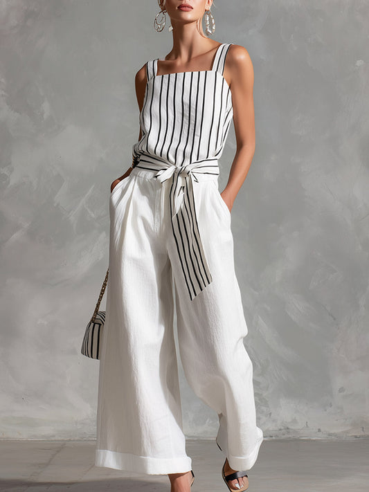 Casual White Striped Spaghetti-Strap Top And Wide-Leg Pants Set