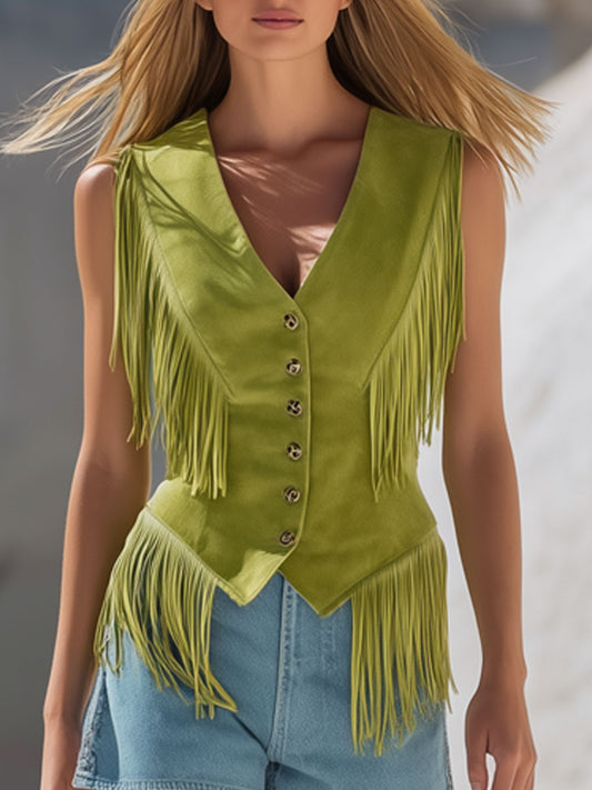 ELÒDI VORÈ Tassel Faux Suede Vest Light Green