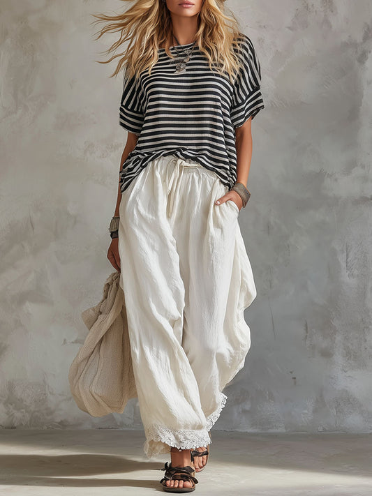 Retro Striped Cotton Blend Shirt and Matching Trousers Set