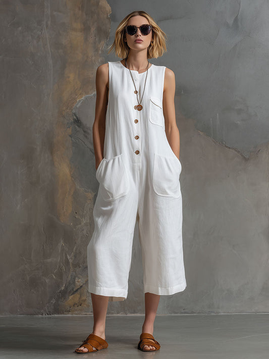 Casual Retro Sleeveless White Cotton Linen Wide Leg Cropped Jumpsuit