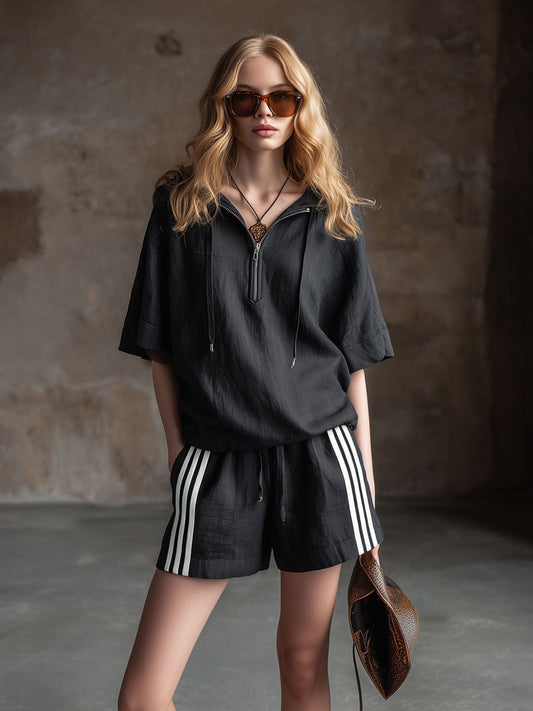 Casual Black Cotton Linen Short-Sleeved Hooded Top And Striped Shorts Set