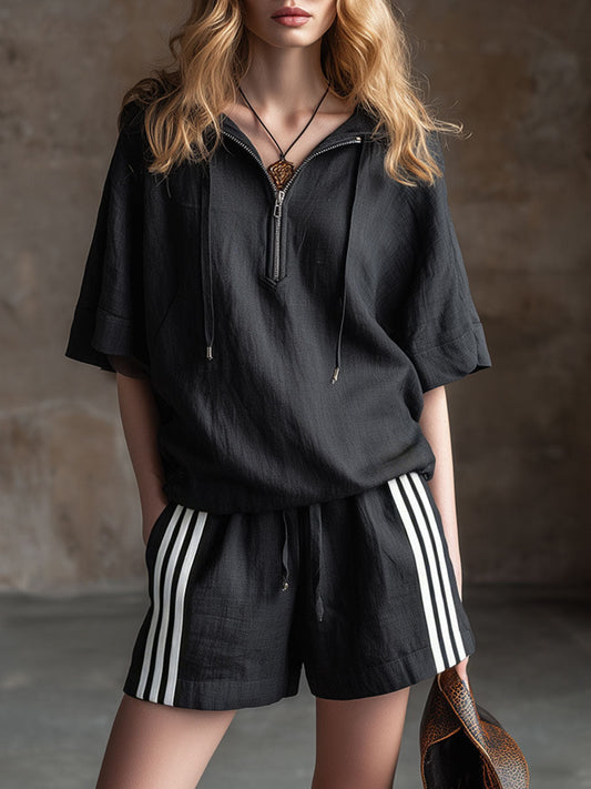 Casual Black Cotton Linen Short-Sleeved Hooded Top And Striped Shorts Set