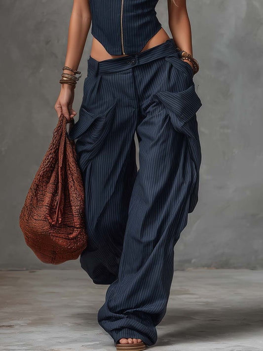 Personality Retro Casual Navy Blue Striped Square-Neck Front Zipper Top And Pants Set