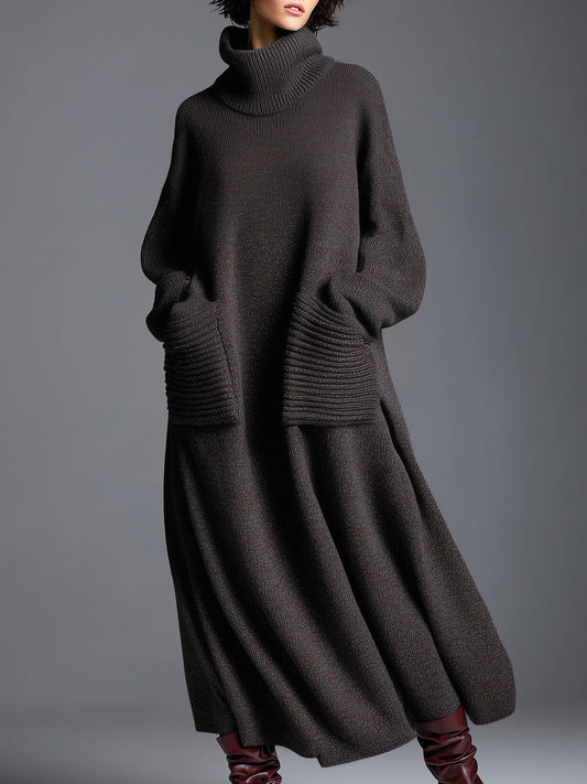 Brown Knitted Maxi Dress Long Sleeve Loose Neckline