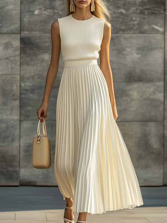 Knitted Chiffon Pleated Hem Maxi Dress in Cream