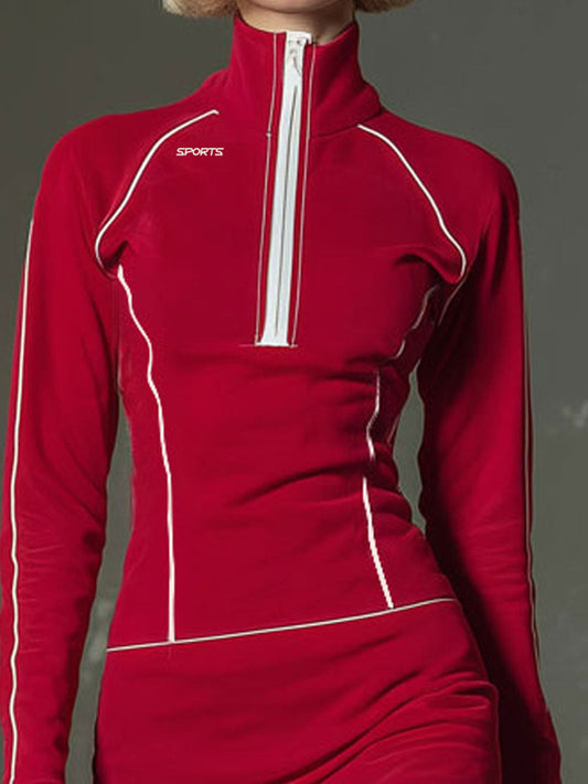 Sporty Stand Collar Zip-up Mini Dress, Contrasting Trim Red