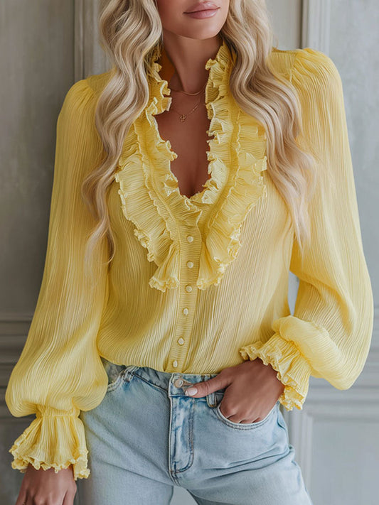 Light Yellow V-Neck Chiffon Long Sleeve Button Down Blouse