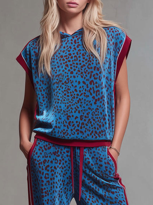 Leopard Print Hooded Sleeveless Top and Velvet Trousers Set