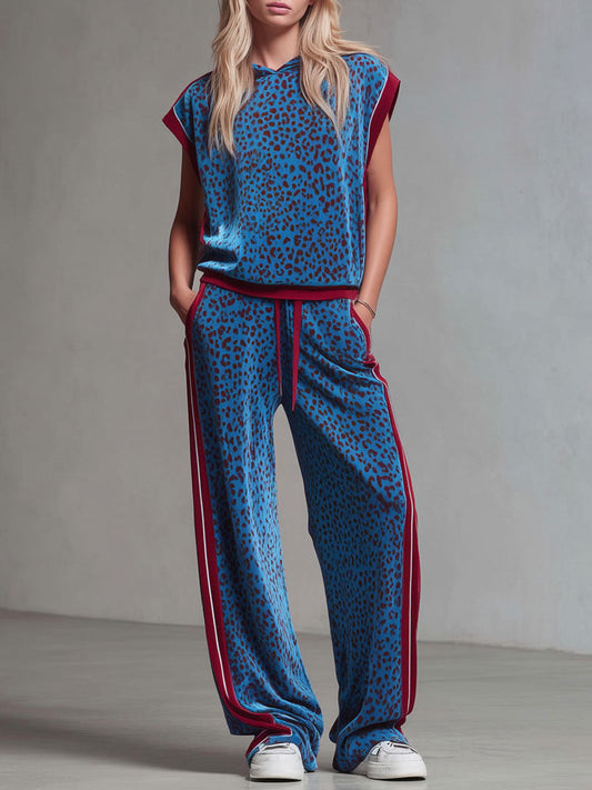 Leopard Print Hooded Sleeveless Top and Velvet Trousers Set