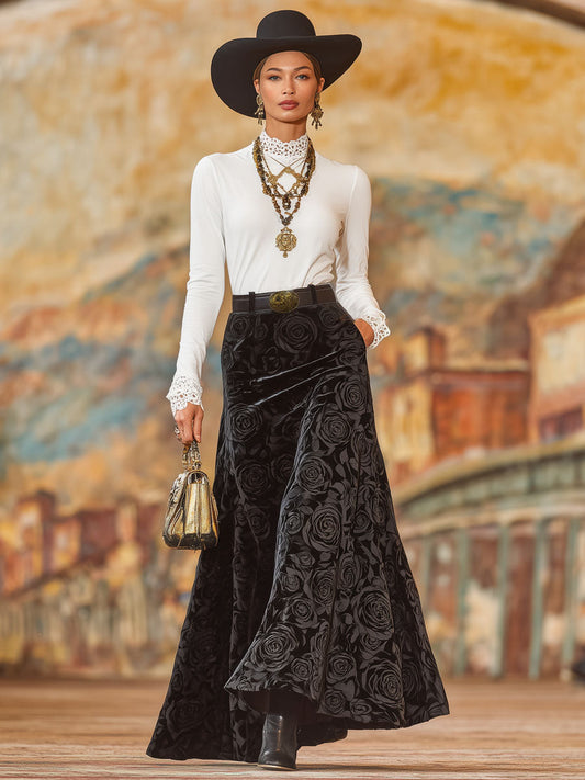 Elegant Black Rose Print A-Line Velvet Skirt With Belt