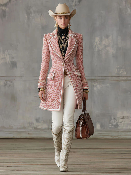 Pink Leopard Print Single-Breasted Lapel Mid-Length Faux Suede Coat