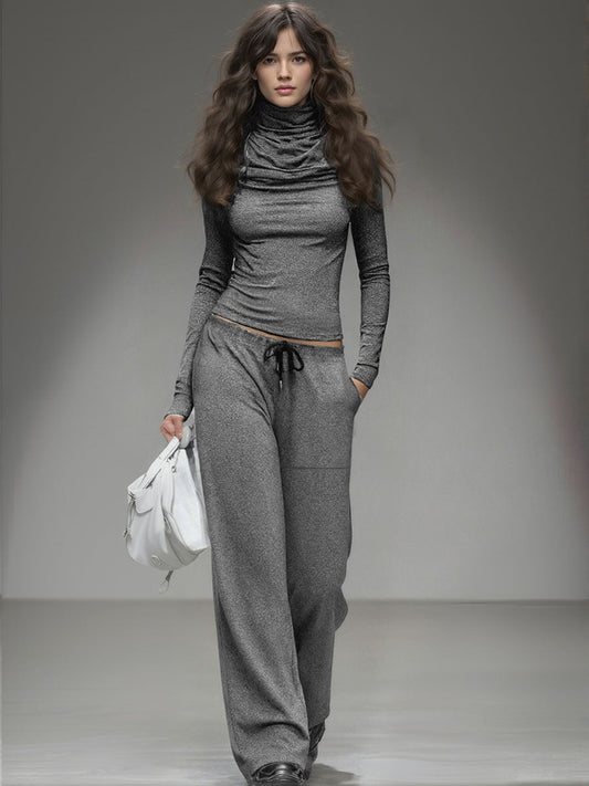 Casual Long-Sleeved High Neck T-Shirt And Wide-Leg Pants Set
