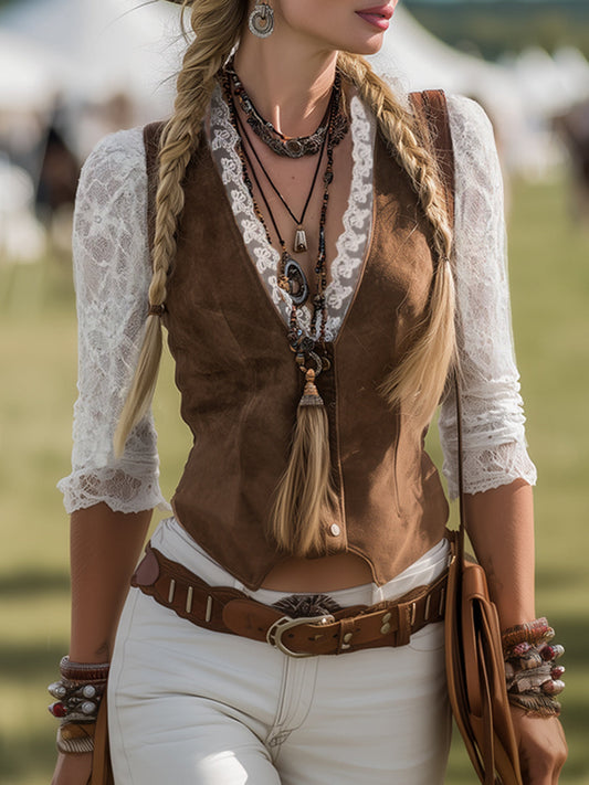 Western Faux Suede Shirt with Lace Sleeves Brown