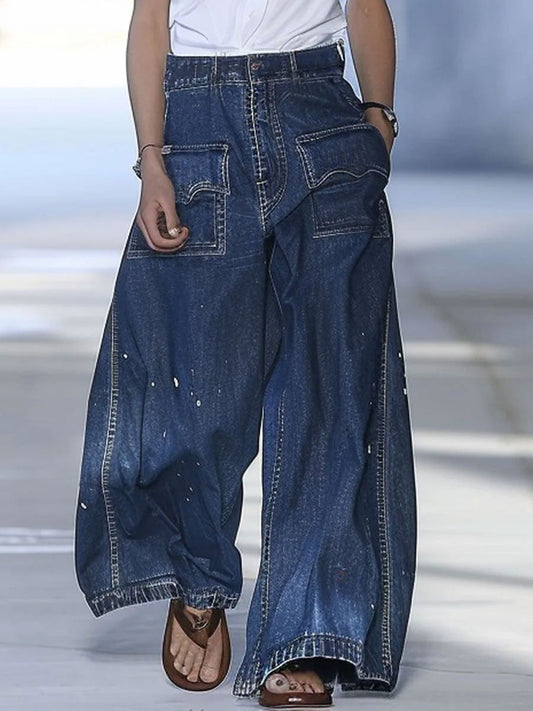 Casual Loose Graffiti Print Multi-Pocket Denim Jeans For Streetwear Style