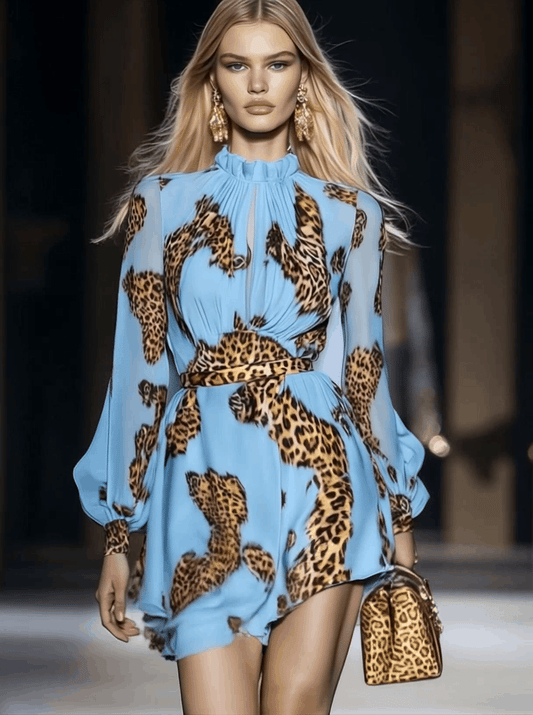 Sky Blue Leopard Print Chiffon Mini Dress With Ruffle Detail