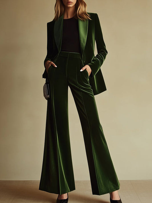 Elegant Emerald Green Velvet Blazer and Wide Leg Pant Suit