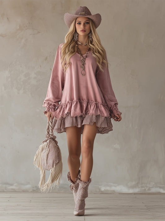 Retro Sporty Checkered Trim Powder Pink Sweatshirt Mini Dress