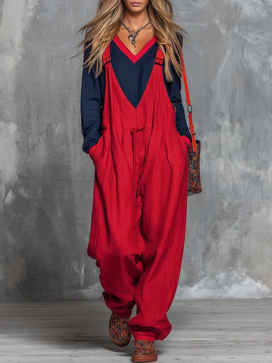 QMY Retro Bohemian Color-Blocked Cotton Linen Overalls Set Red