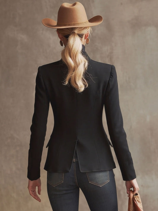 Elegant Stand Collar Single-Breasted Woolen Blazer With Rose Embroidery