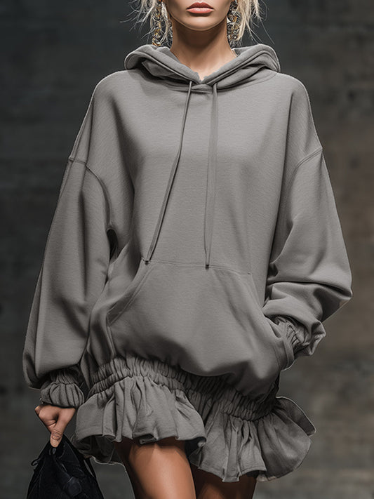 Grey Hooded Sweatshirt Mini Dress with Elastic Hem