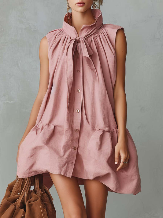 Elegant Cotton-Linen Mini Dress Stand Collar Bubble Hem Pink