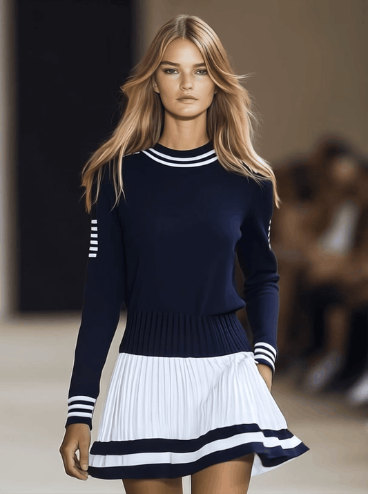 CSS Sporty Contrast Mini Dress with Pleated Skirt Navy White