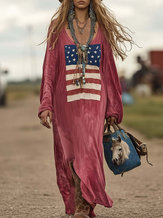 Vintage Western Cotton Long Sleeve Flag Print Loose Maxi Dress