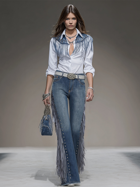 Western Blue Denim Flared Pants With Rivets and Side Tassels