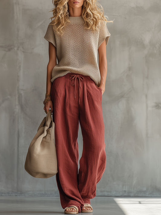 Retro Knit Top and Brick Red Linen Wide-Leg Pants Set