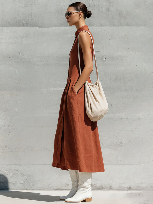 BXL Casual Retro Linen Sleeveless Cardigan Midi Dress Brick Red