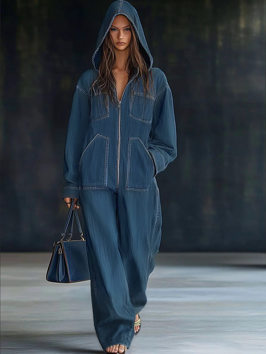 Casual Loose Retro Pocket Long Sleeve Hooded Denim Jumpsuit