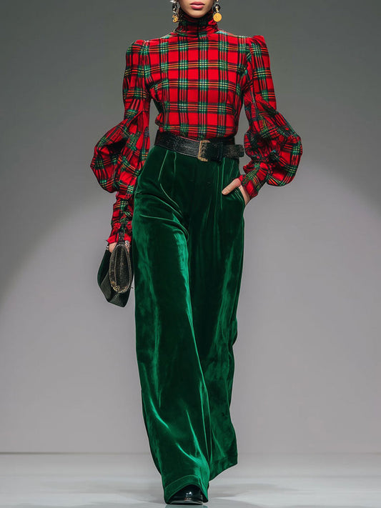 Retro Plaid Velvet Turtleneck Top And Wide-Leg Pants Set