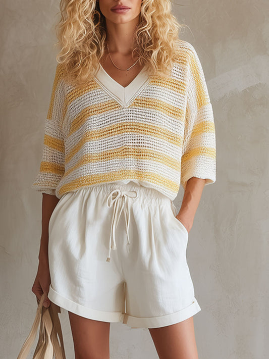 Retro Striped Knit Top And White Cotton Shorts Set
