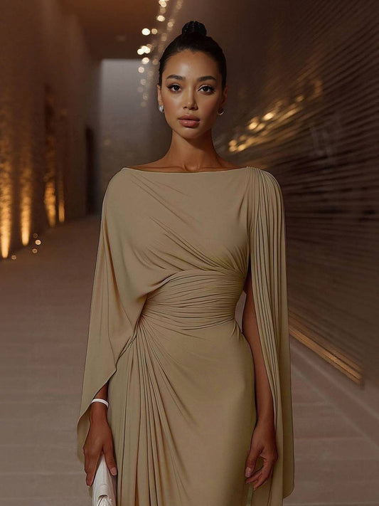 Boat Neck Pleated Slim Fit Maxi Dress