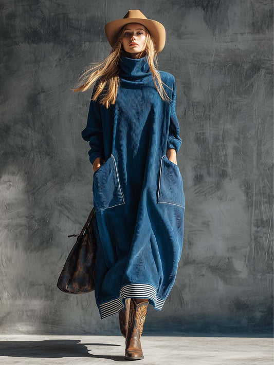 Casual Vintage Blue Corduroy Midi Dress With Pockets