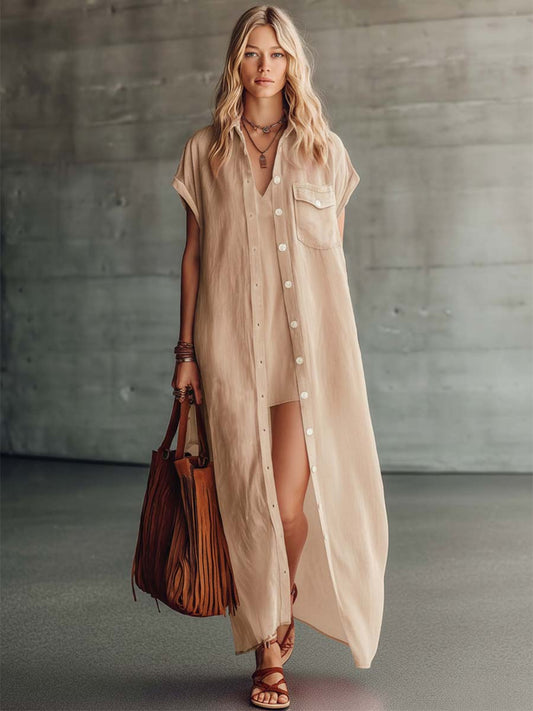 Cotton Linen Camisole Mini Dress and Long Cover-Up Set Pink