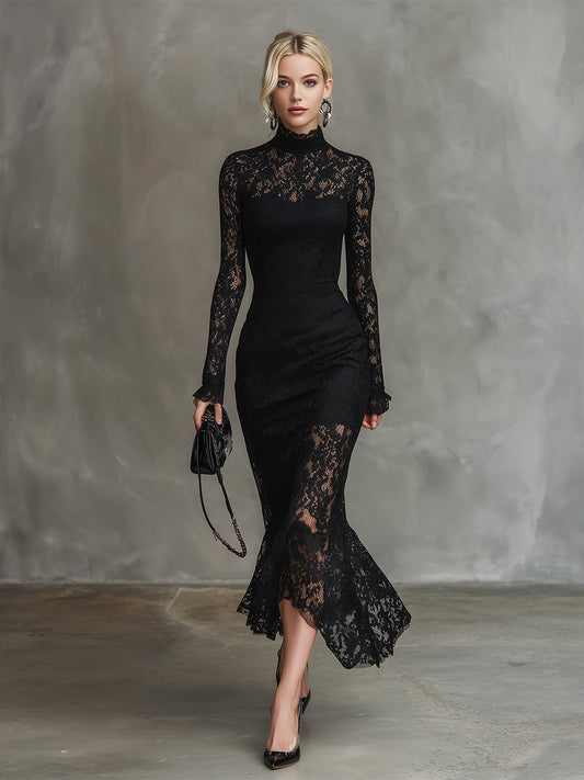 Black Lace Wedding Guest Maxi Dress – Long Sleeve Fishtail