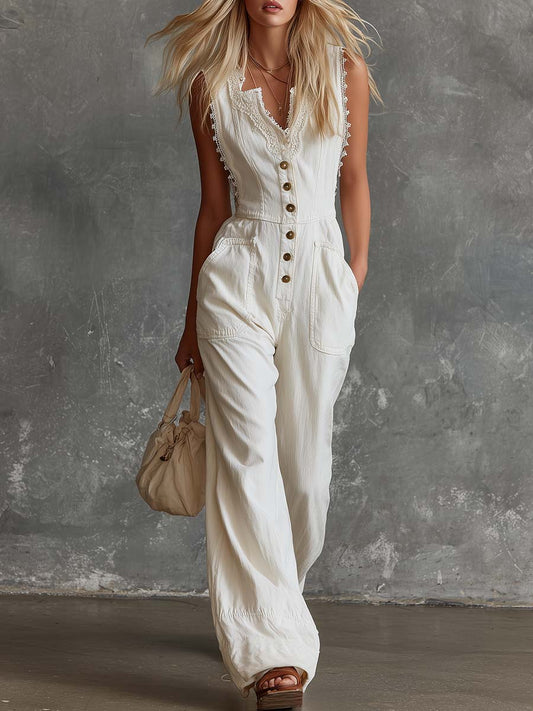 CSS Vintage Western V-neck Lace Trim Cotton Jumpsuit White
