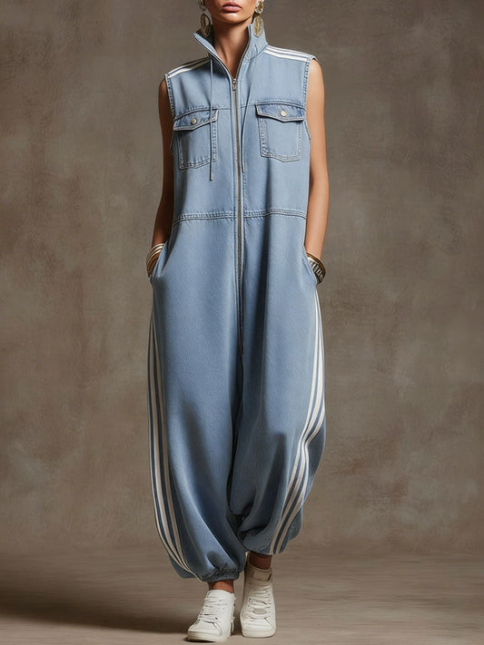 Retro Style Light Blue Denim Sleeveless Jumpsuit With Ribbon Detail